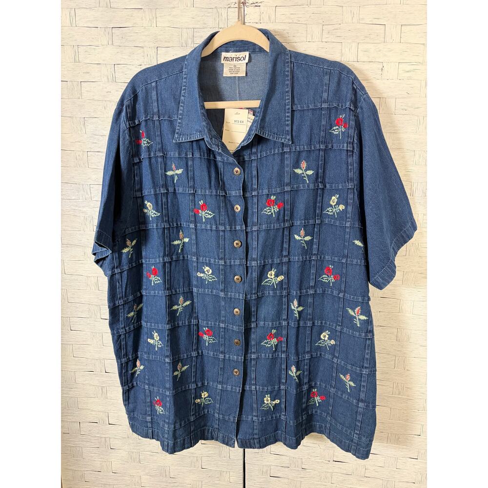 Marisol women's‎ blouse denim button up embroidered floral vintage plus size
